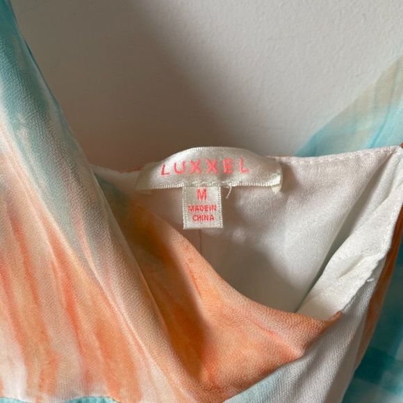 Luxxel Blue Orange Tie Dye Chiffon Frill Maxi Dress Blue Orange Sz M - Picture 9 of 11